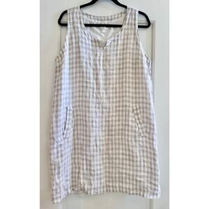 Eileen Fisher Plaid Linen Shift Dress Cottagecore – Brown/Cream – Medium